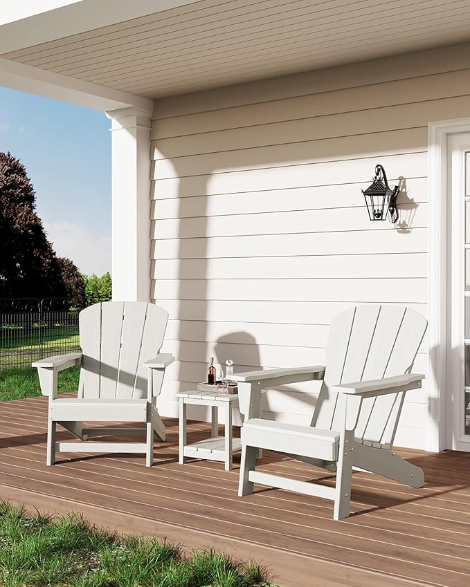Modern HDPE Plastic Adirondack Chair - Oversize 380 LB Poly Lumber Weather Resistant Firepit Chair - Outdoor Patio Chairs with Wooden Textured for Garden, Backyard, Lawn, Deck, Pool, Porch - White