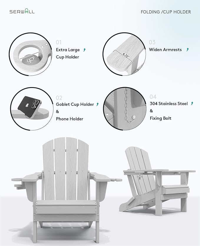 SERWALL Adirondack Chair with Cup Holders - Composite Adirondack Chairs HDPE Outdoor Chairs All Weather Use- Silver Gray
