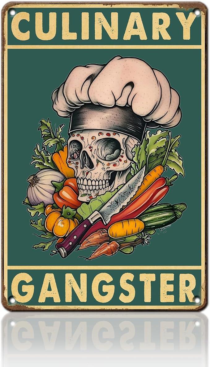 PEACHGARDEN Kitchen Wall Decor Vintage Skull Metal Sign Funny Culinary Gangster Tin Sign Cooking Poster Wall Decor for Home Kitchen Bar Pub Man Cave Cafe 8x12inch