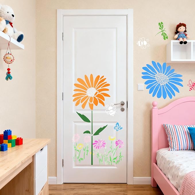 6Pcs Large Flower Stencils for Painting on Walls 16 x 12 Inch Giant Reusable Wall Stencil for Wood Fence Garden Crafts Wildflower Stencils Sunflower Paint Templates Outdoor DIY Wall Art Decor