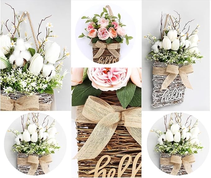 Cream Hydrangea Door Hanger Basket Wreath, Wildflowers Door Hanging Basket, Front Door Beautiful Artificial Spring and Summer Wreath Welcome Sign, Home Porch Farmhouse Decor (D)