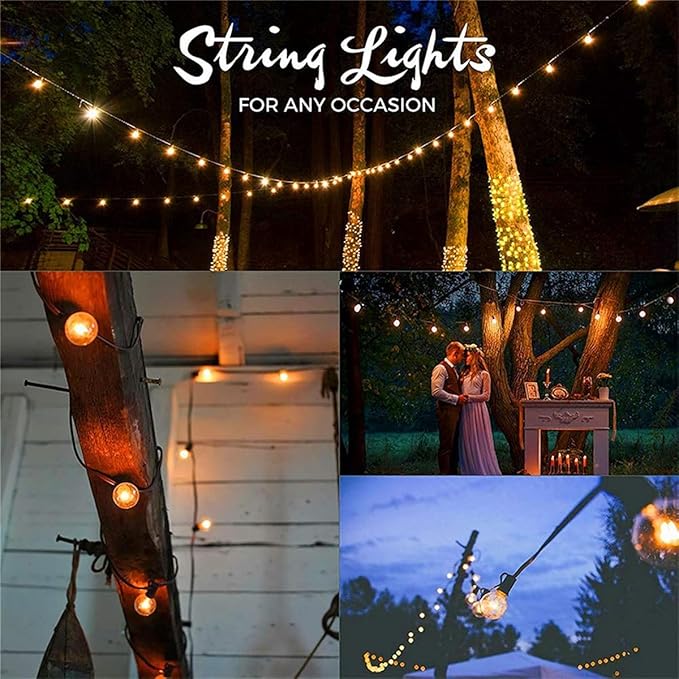 Abeja 25Ft Outdoor Patio String Lights with 27 Clear G40 Bulbs, UL Listed for Porch Bars Deck Wedding Party Markets Decor, 5W, E12 Socket Base, Brown