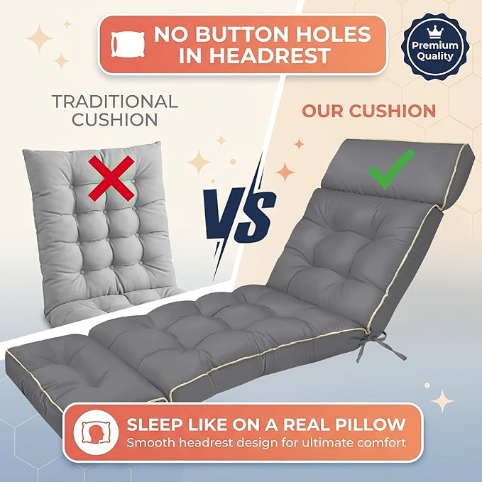 MAGIC ELEPHANT Chaise Lounge Cushion Outdoor, Memory Foam Replacement Patio Pool Lounge Chair Cushion with Ties for Outdoor Furniture, 74 x 22 x 4 Inch (Gray)
