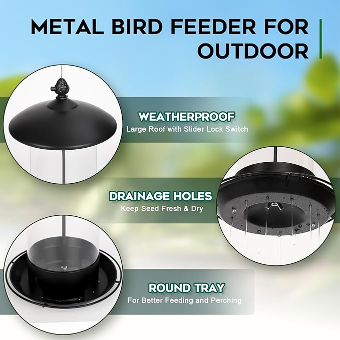 Metal Bird Feeders for Outdoors Hanging, Weather Resistant Wild Bird Feeder with 360 Degree Feeding Tray, Black