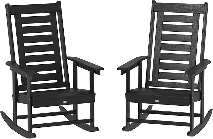 Outsunny Outdoor Rocking Chairs Set of 2, HDPE Patio Rocking Chairs with 28" High Back and Wide Armrests, All-Weather Slatted Porch Rockers for Garden, Balcony, Fire Pit, Black