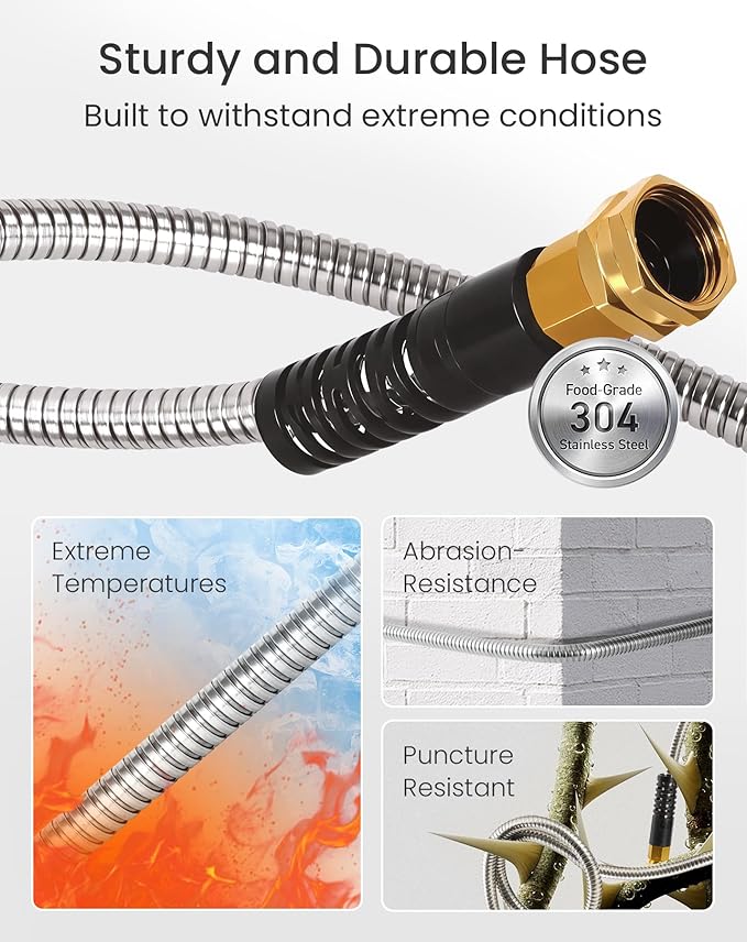 Cesun Short Garden Hose 3 feet, Small Metal Leader Hose, Drinking Water Hose, Flexible, Lightweight Stainless Steel Water Pipe for RV, Outdoor, Yard, 3ft x 5/8", Female to Female