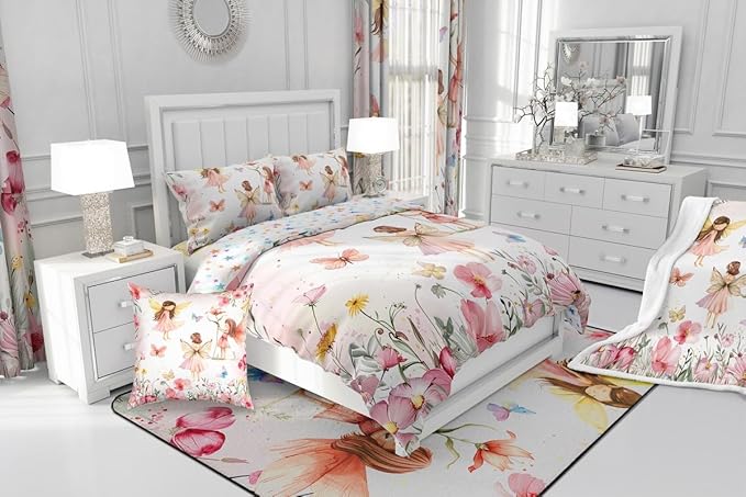 Erosebridal Dreamy Fairy Twin Comforter Set,Pink Fairy Garden Bedding Sets for Girls Kids,Cute Floral Butterfly Quilt Bed Set,Princess Girly Coquette Bedroom Decor,1 Pillowcase Reversible