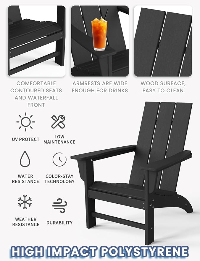 Modern Adirondack Chair, HDPE Plastic Patio Chairs for All Weather, Fire Pit Chair, Outdoor Lawn Chairs for Deck, Porch, Backyard, Garden, Black