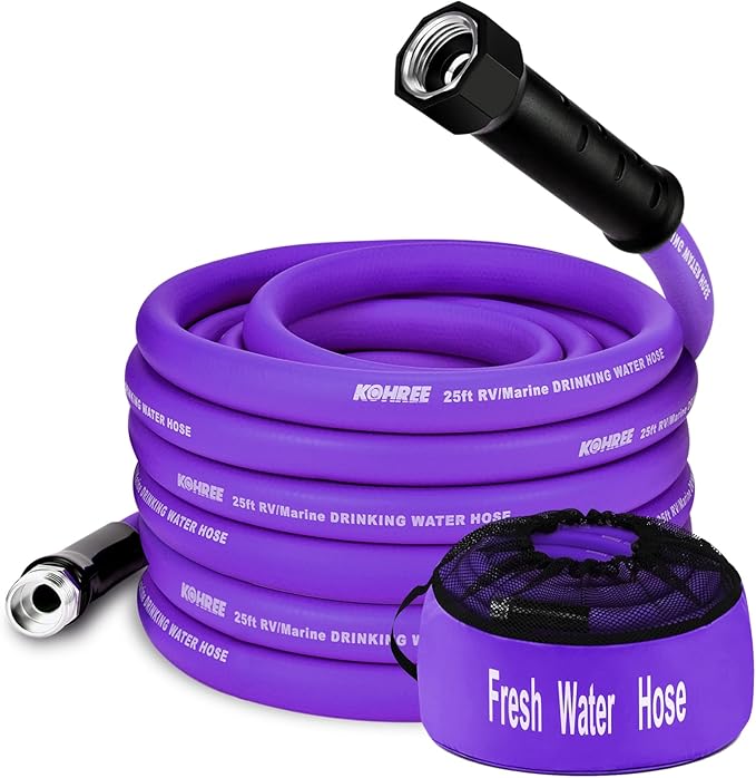 Kohree 25FT RV Water Hose with Storage Bag, 5/8'' Premium Drinking Water Hose, Leak-free, No Odor, Anti-Kink and Flexible Garden Hose for RV, Camper, Truck, Car - Purple