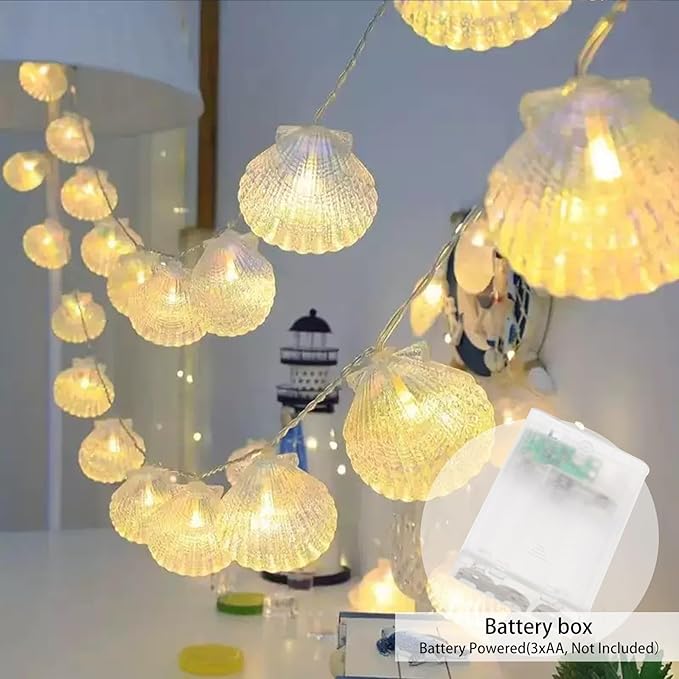 Natural Beach Shell String Light 20 FT 40 LED Lights with Battery Operated Warm White LED Ocean Theme for Holiday Party, Wedding, Garden Decoration (Shell, 20FT)