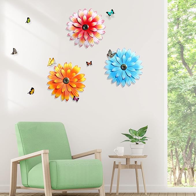 Hotop 3 Pcs Metal Flower Wall Art 3D Metal Daisy Wall Decor Multiple Layer Hanging Flower Rustic Farmhouse Boho Style Decorations for Indoor Outdoor Home Living Room Office Garden, 8 Inches(Vivid)