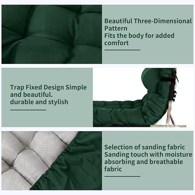Tudomro 2 Pcs Dark Green 66'' Outdoor Chaise Lounge Cushion Waterproof Patio Lawn Pool Chaise Lounge Cushion with Headrest Pillow & Ties Weather Fade Resistant Replacement Longue Chair Pad