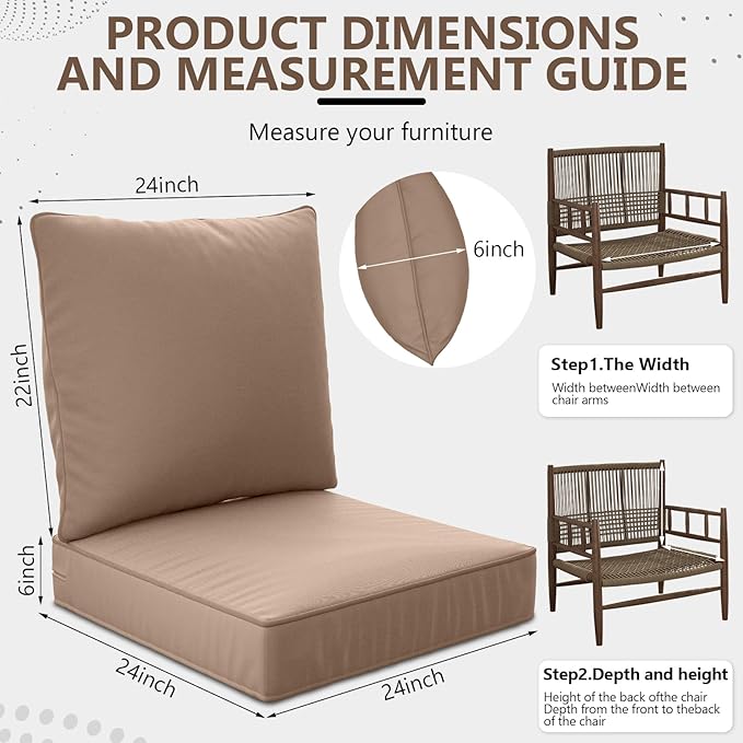24" x 24" x 6" Outdoor Deep Seat Cushions - Waterproof & Fade Resistant Patio Furniture Replacement Cushions, Non-Slip Outdoor Cushions Fit Loveseats, Couches, Chairs, and Sofas