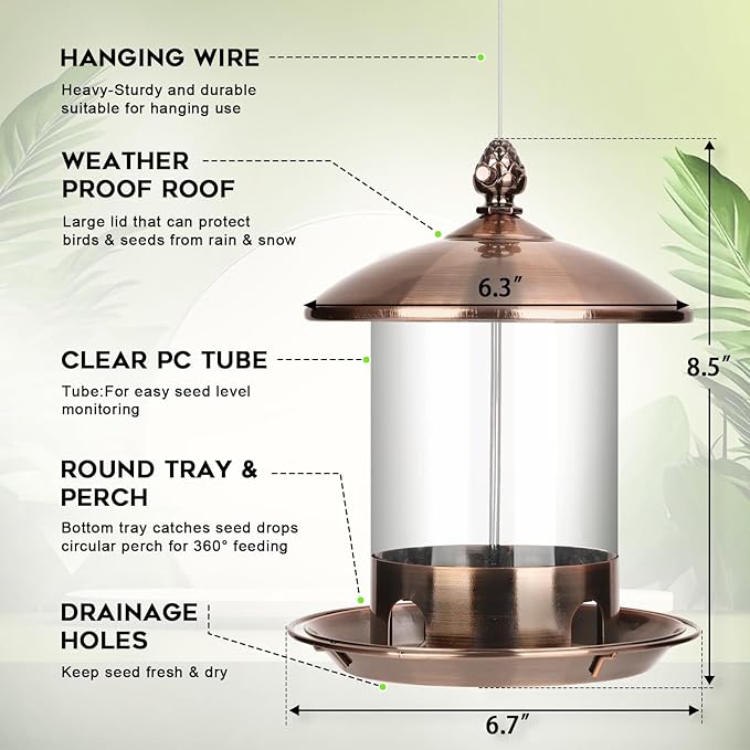 Metal Bird Feeders for Outdoors Hanging, Weather Resistant Wild Bird Feeder with 360 Degree Feeding Tray, Copper
