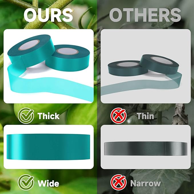 Easytle Stretch Tie Tape Roll, Total 2 Rolls 0.5“ x 150 Ft & 1" x 150ft Green Plant Garden Tie Tape Reusable Thick Sturdy Plant Ties Ribbon Garden Vinyl Stake for Indoor Outdoor Patio Plant Use