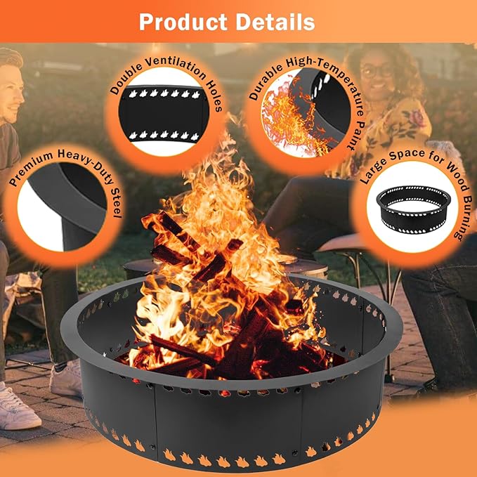 Outdoor Smokeless Fire Pit Ring 31 inch, Metal Steel Firepit Ring Insert Round Firepit Ring for Outside Wood Burning DIY Fire Pits Outdoor Fire Place for Camping Garden Patio Backyard