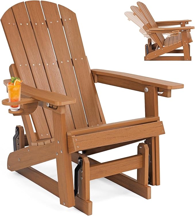 3-Position Adjustable Adirondack Chair with Cup Holder, HDPE All-Weather Outdoor Glider Chair, Wood-Grain Fire Pit Chairs for Pool, Yard, Deck (Rustic Teak)
