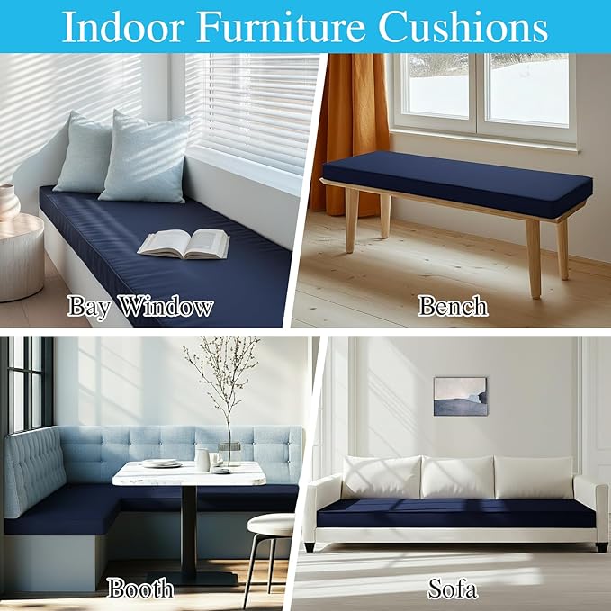 Amagenix Custom Bench Cushion for Outdoor/Indoor Furniture, Bay Window Seat/Porch/Swing Cushion, Waterproof & Fade-Resistant, Optional Non-Slip Bottom, Ties, Handle, Dual-Sided Stripes Direction