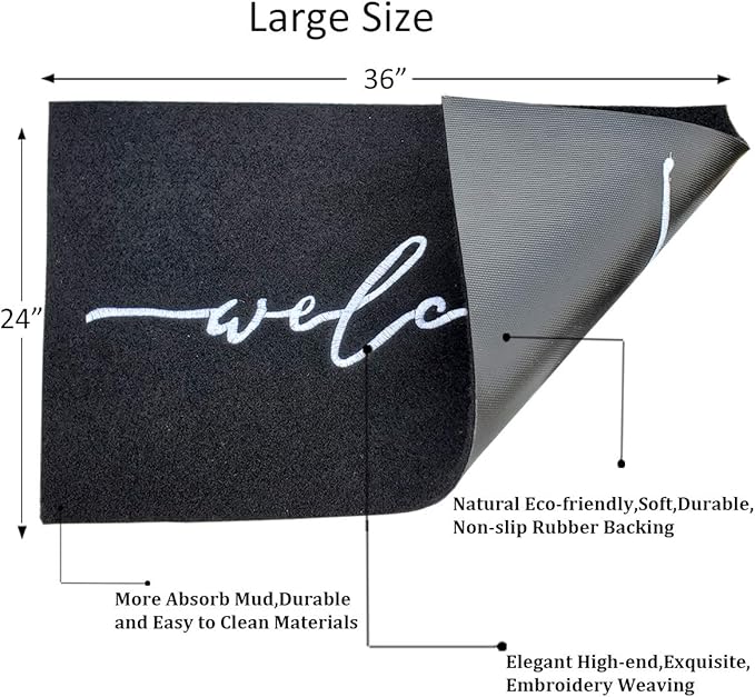 AAZZKANG Welcome Mats for Front Door Large 24"x36" with Non Slip Rubber Backing Quickly Trap Dirt Easy to Clean Entry Mat for Indoor High Traffic Areas Outdoor Doormat Black
