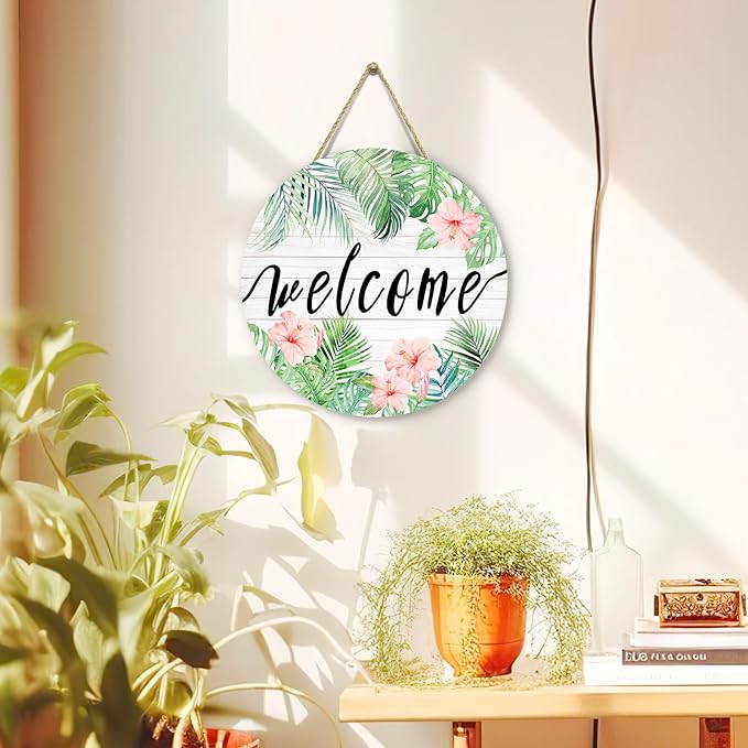 Summer Tropical Welcome Palm Leaf Sign for Front Door Wooden Green Palm Leaves Flower Door Signs Summer Floral Round Door Hanger for Wall Home Office Decorations