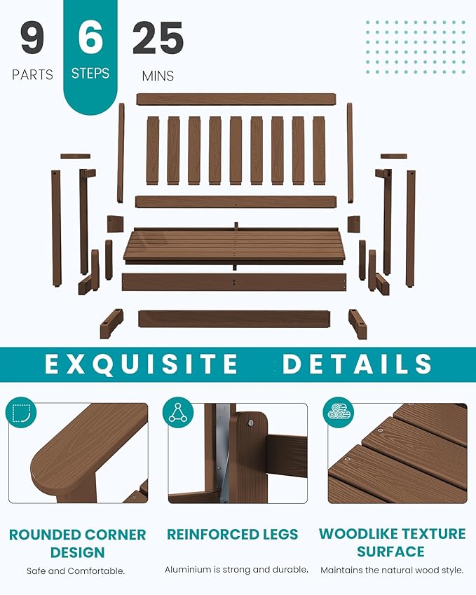 SERWALL Outdoor Glider Bench Set of 4, HDPE Weather-Resistant Swinging Bench for Backyard Garden Porch, Brown