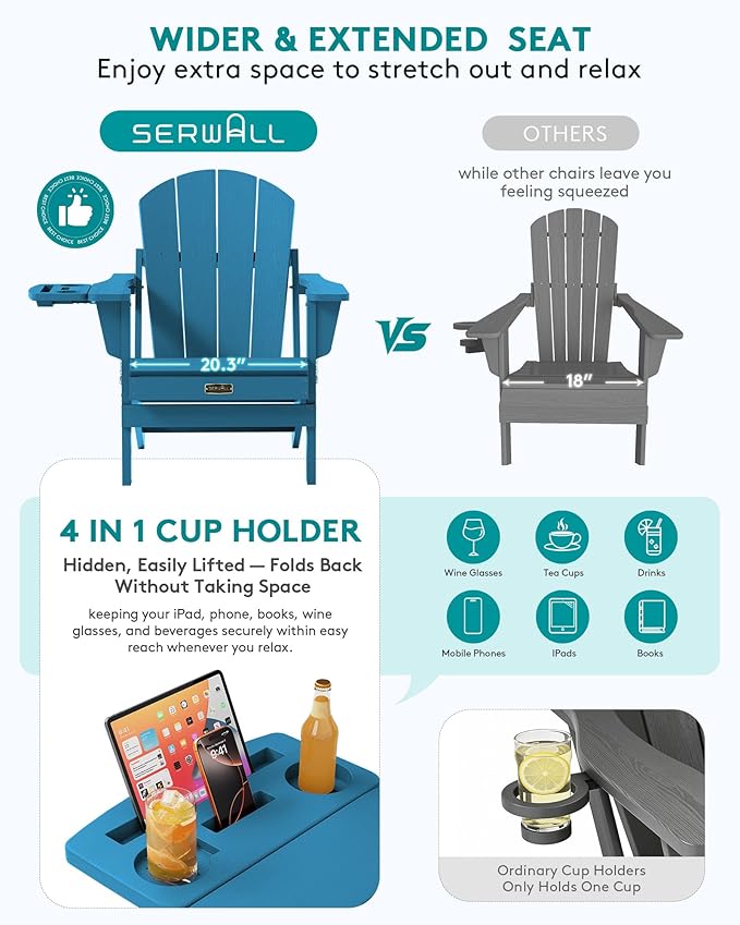 SERWALL Folding Adirondack Chair Set of 4, Outdoor Adirondack Chairs with 4 in 1 Cup Holder, Wood Texture Patio Chairs, Weather Resistant Fire Pit Chairs for Patio Deck Garden, Backyard - Sapphire