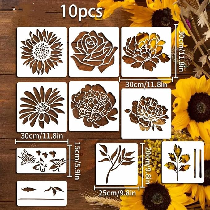 Garden Fence Large Flower Stencils - Reusable Floral Stencil DIY Decoration for Painting on Wood Walls Pattern, Jumbo Sunflower Yard Spray Paint Big Crafts Floor Stencils (CP-34)