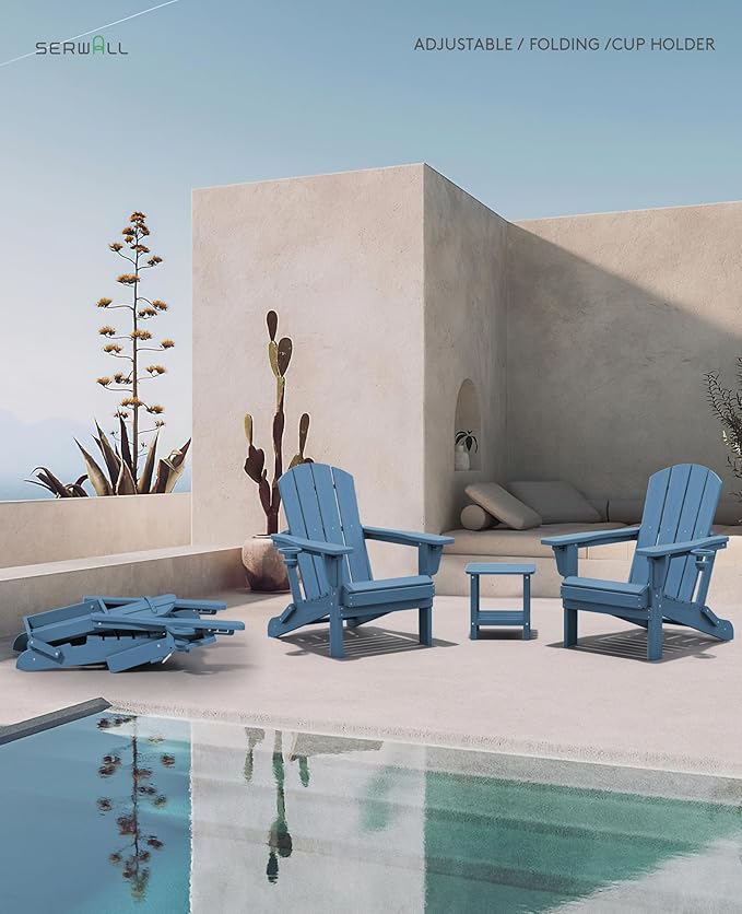 SERWALL Folding Adirondack Chair Set of 6, Adjustable Adirondack Chair with 3 Recline Positions, All Weather HDPE Outdoor Adirondack with Cup Holders, Blue
