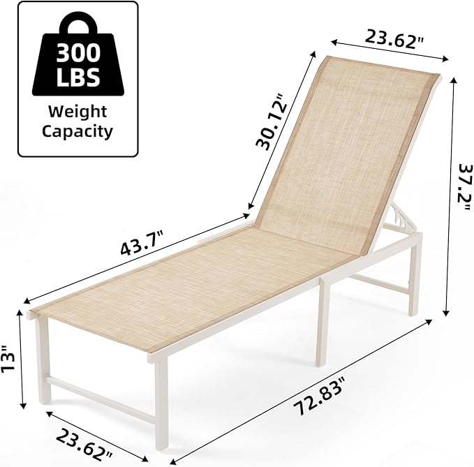 Outdoor Pool Lounge Chairs, Aluminum Patio Lounge Chairs, Five-Position Recliner Loungers for Poolside Yard Balcony Deck Beach (White,1PCS)