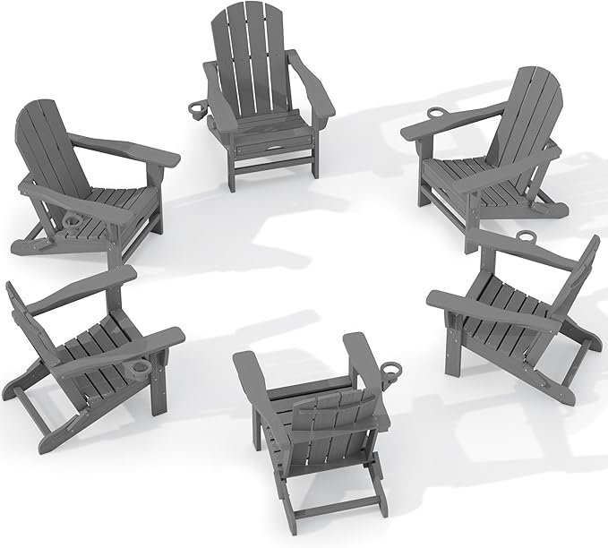KINGYES Folding Adjustable Adirondack Chair with Retractable Ottoman Set of 6, HDPE All Weather Chair with Cup Holder - Recliner Adirondack Chair, Grey