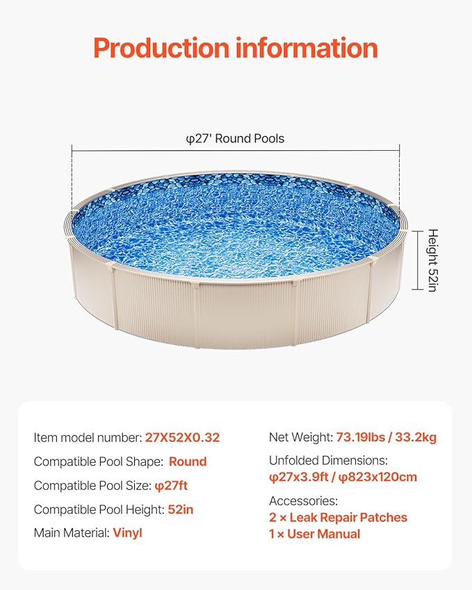 VEVOR 27-ft Round Above Ground Pool Liner, Unibead Pool Liners, Standard Gauge, 52inch Wall Height, Designed for Steel Sided Above-Ground Swimming Pools