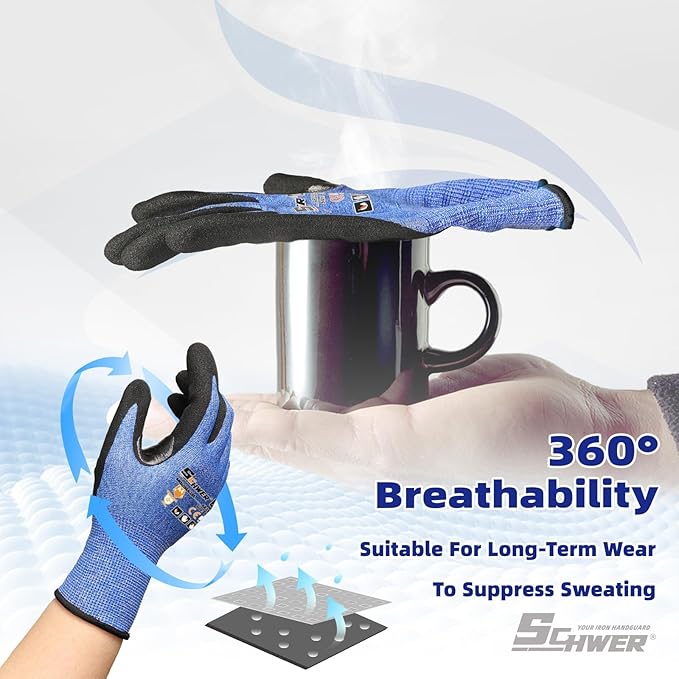 Schwer 6 Pairs ANSI A4 Cut Resistant Work Gloves with Extreme Lightweight & Thin, Sandy Nitrile Touchscreen Safety Working Gloves with Grip, 3D-Comfort Fit, Flexible and Breathable, XL, AR3900