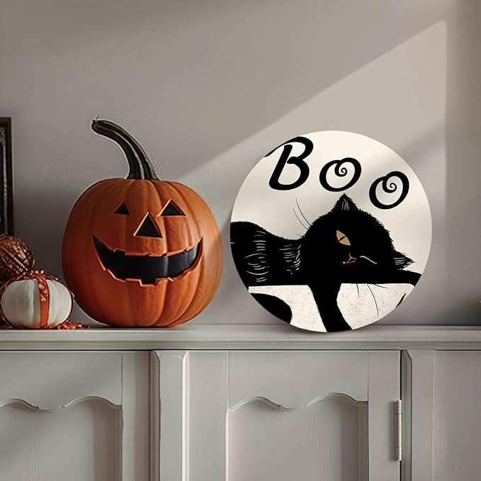 Halloween Black Cat Signs for Front Door Boo Wooden Door Hanger Scary Holiday Hanging Decorations for Wall Porch Outdoor