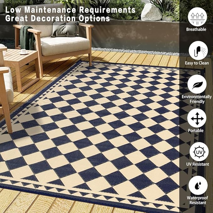 HUGEAR Outdoor Rug for Patios Clearance,Waterproof Mat,Large Outside Carpet,Reversible Plastic Straw Camping Rugs,Rv,Porch,Deck,Camper,Balcony,Backyard (5x8,Checkered/Black&Beige)