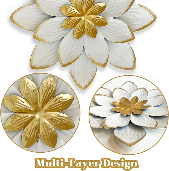 LIFFY 9.2“ White and Gold Metal Flower Wall Art, Modern Rustic Floral Decor for Indoor Living Room Bedroom Office Outdoor Garden Patio Yard