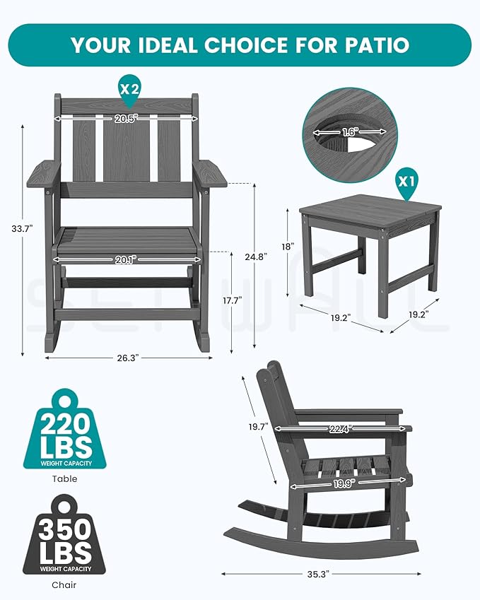 SERWALL Outdoor Rocking Chair Set of 2 with Side Table, All-Weather HDPE 3 Piece Patio Furniture Set, Outdoor Bistro Set with Pre-Drilled Hole for Porch Deck Lawn Balcony, Grey