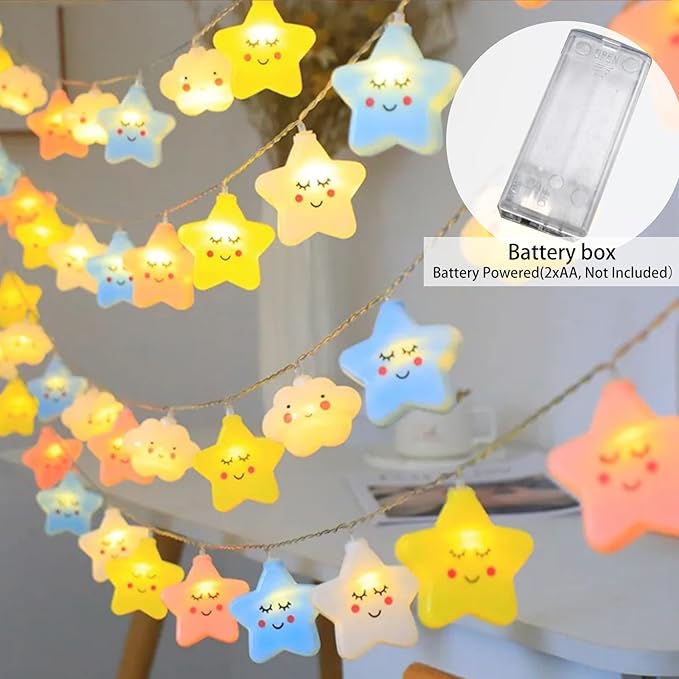 Colorful Clouds Stars Lights, 9.8FT 20 LED Lights with Battery Operated Children's Bedroom Tents, Birthday Decorations, Wedding New Year Christmas Party Decoration (Stars Clouds, 9.8FT)