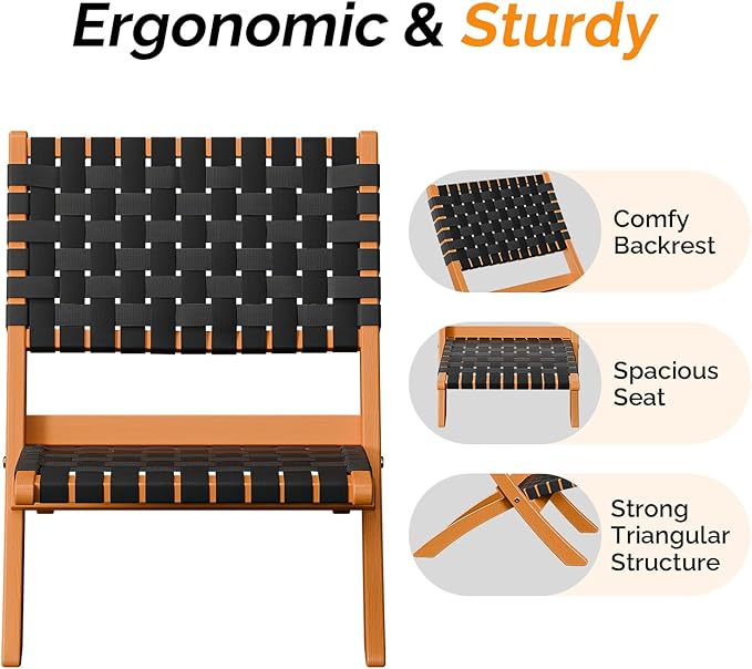VINGLI Wooden Outdoor Chairs, Portable Rattan Folding Chair with Low Webbing Seat and Backrest, Adirondack Chairs, Ideal for Patio, Lawn, Garden, Fishing, Black, 1 Pack