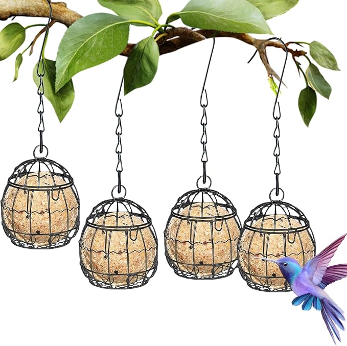 4 Pack Bird Feeder, Suet Ball Feeders for Outside Hanging, Metal Hanging with Hooks, Fat Ball Bird Feeder Suet Feeder for Wild Birds Outdoor Garden