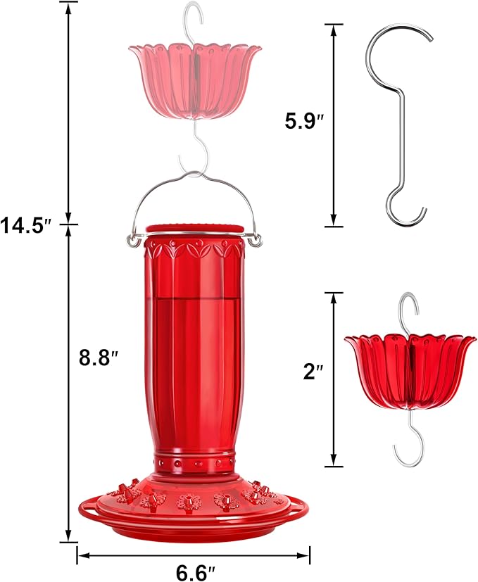iBorn Hummingbird Feeders for Outdoors Hanging with Ant Moat for Hummingbird Feeder Glass 12 Ports for 16oz Hummingbird Nectar, Red Glass, Pack of 2
