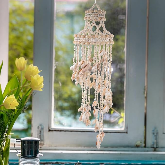 Shell Wind Chime Hanging Ornament 16.53In Coastal Decorative Wind Chimes for Outside Patio Garden Wall Hanging Pendant Natural Home Decoration