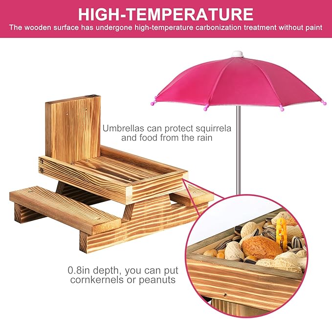Gnodary Squirrel Feeder with Umbrella, Squirrel Feeders for Outside, Squirrel Picnic Table Feeder - Chipmunk Feeder Hold Corn, Corn Cob, Peanuts Style2 (Dark Pink)
