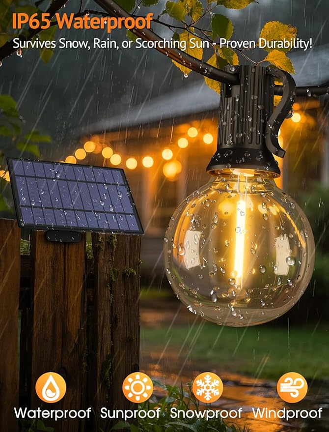 25FT Solar String Lights Outdoor with Remote, Waterproof Dimmable 3 Modes Patio Lights with 10+1 LED Shatterproof G40 Bulbs for Backyard-Black