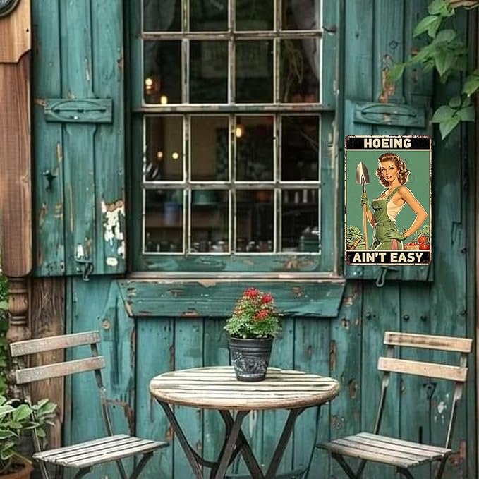 Garden Signs for Outside Hoeing Ain't Easy Tin Sign Funny Yard Decor Vintage Metal Garden Sign Gifts for Gardeners 8x12 Inch
