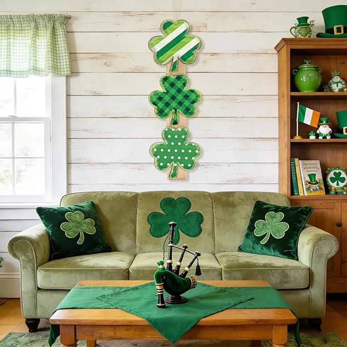 Shamrock St Patricks Day Door Decorations St. Patrick's Day Door Sign Wall Signs Decor for Front Door Shamrock Clover Wood Wreath with Burlap Irish Lucky Hanging Sign for Home Decor Party Outdoor Indoor Supply