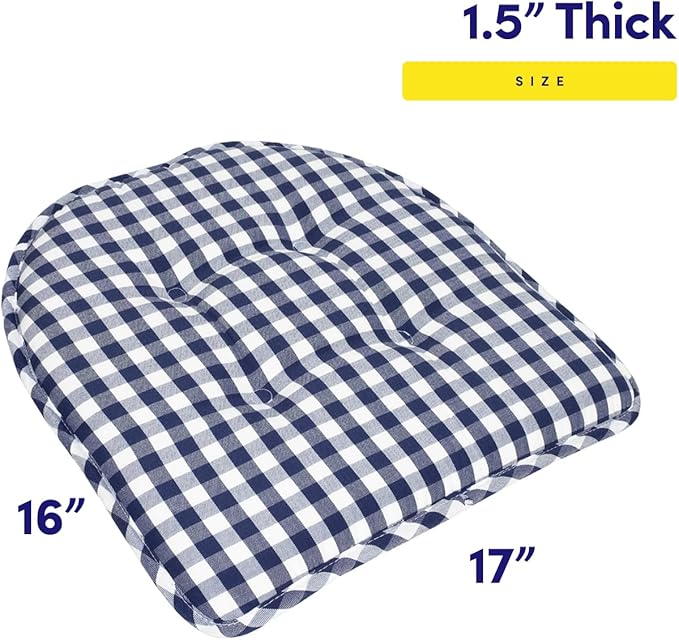 Sweet Home Collection Chair Cushion Memory Foam Pads Tufted Slip Non Skid Rubber Back U-Shaped 17" x 16" Seat Cover, 12 Pack, Checkered Navy/White
