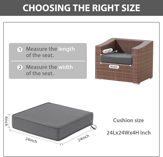 Outdoor Chair Cushions Set of 2, Waterproof Patio Chair Cushions, Patio Furniture Cushions with Ties, 24 x 24 x 4 inch, Dark Grey