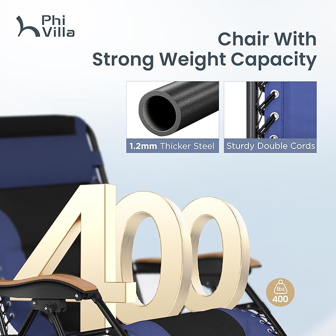 PHI VILLA XXL Oversized Padded Zero Gravity Chair Set of 2, Foldable Patio Recliner, 30" Wide Seat Anti Gravity Lounger with Armrest and Cup Holder, Support 400 LBS (Navy Blue)