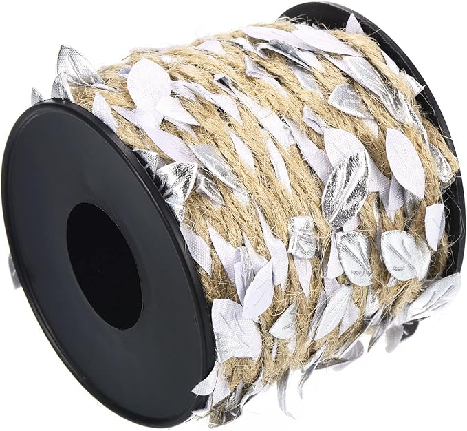 PATIKIL 33ft 5mm Burlap Leaf Ribbon, Braided Decoration Vine Natural Jute Rope Twine with Artificial Leaves for Jungle Wedding Party Home Garden Decor, Silver Tone