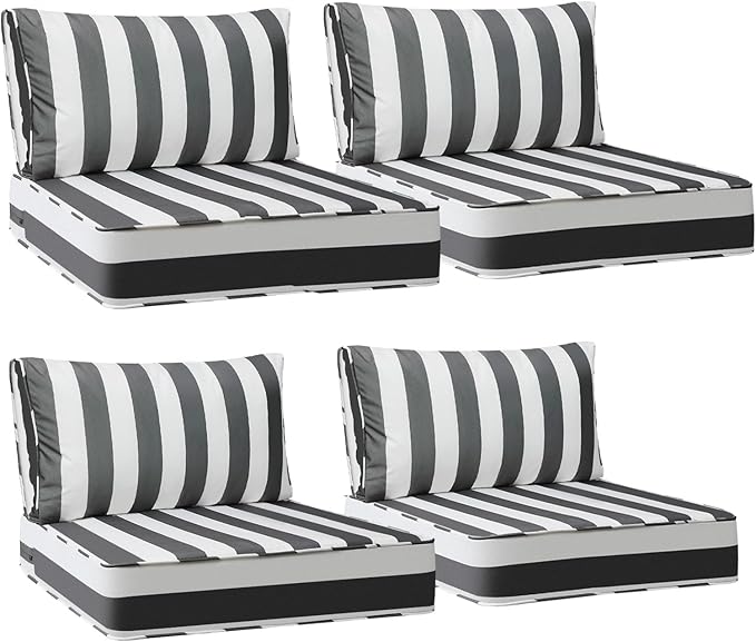 AAAAAcessories Outdoor Deep Seat Cushions, Waterproof, Fade-Resistant Patio Furniture Replacement Cushions, 25.5" x 25.5" x 5" + 25.5" x 13.5", Set of 4, Gray Cabana Stripe